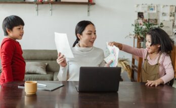 modern working mother looking at pictures of kids at home